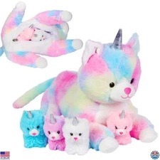 PixieCrush Unicorn Cat Plush Toy with 4 Kittens - Large Stuffed Animal for Girls