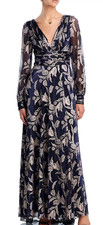NWT Betsy Adam Metallic Blouson-Sleeve Maxi Dress, Navy/Gold, 6, 320