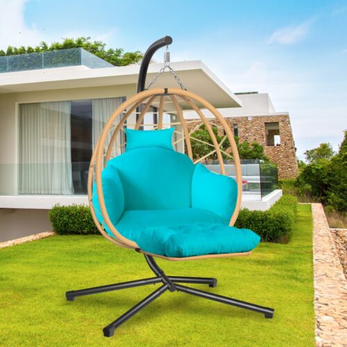Hanging Egg Chair Outdoor Patio Wicker Chair with Stand UV Resistant Cushions - Picture 67 of 87