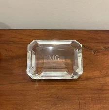 Tiffany & Co Faceted Emerald Cut Diamond Crystal Paperweight MG Monogram