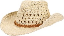 Straw Cowboy Hat Wide Brim Sun Cowgirl Summer Panama One Size, Beige