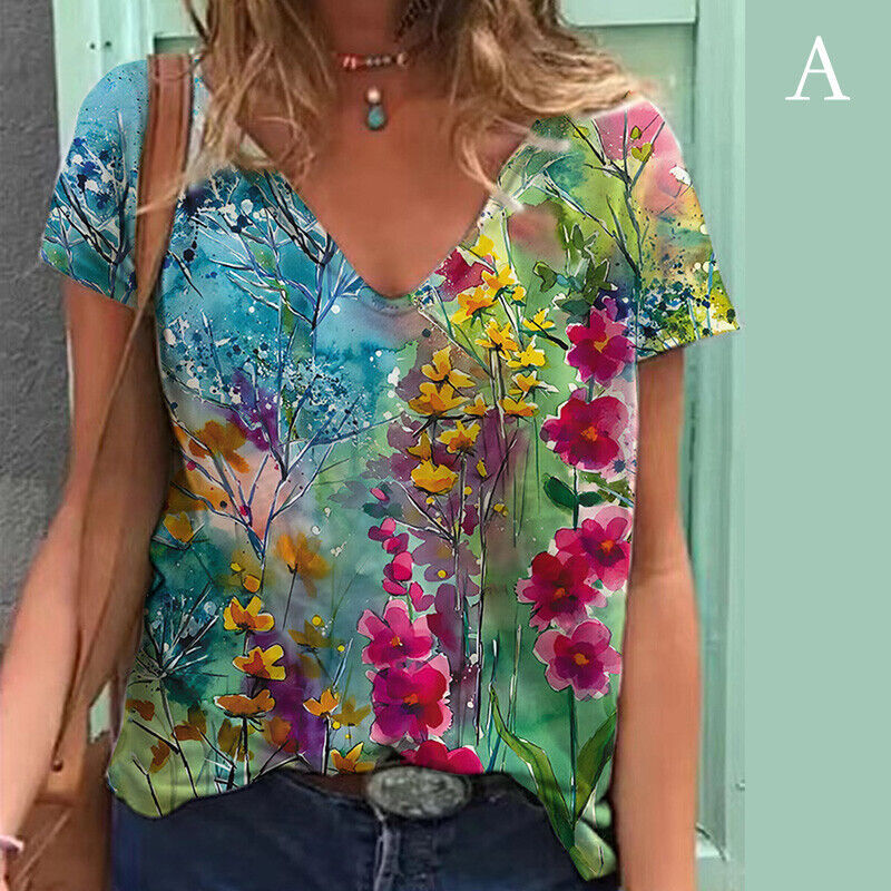 Summer Women V Neck T Shirt Floral Print Short Sleeve Casual