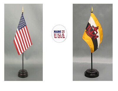 Made in the USA--1 American & 1 Country Rayon 4''x6'' Office Desk Flag & 2 Stands