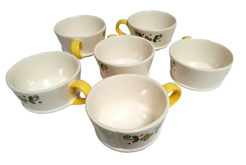 6X VINTAGE 1950s POPPYTRAIL METLOX HAPPY TIME COFFEE CUP MUG SET YELLOW HANDLE