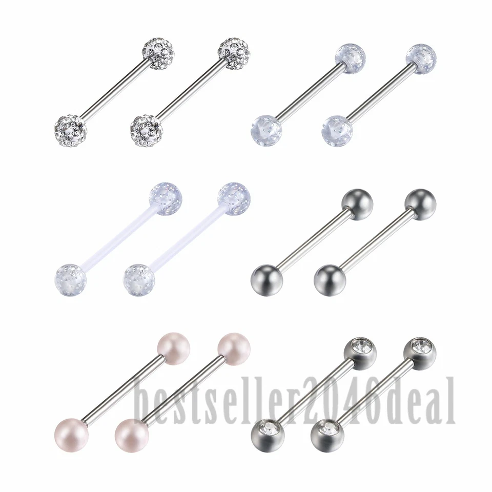 12件装手术钢杠铃舌环乳头环身体穿孔首饰14G — 第 3/4 张图片