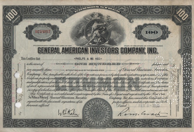 1934 General American Investors Company Stock Cerfificate 1932