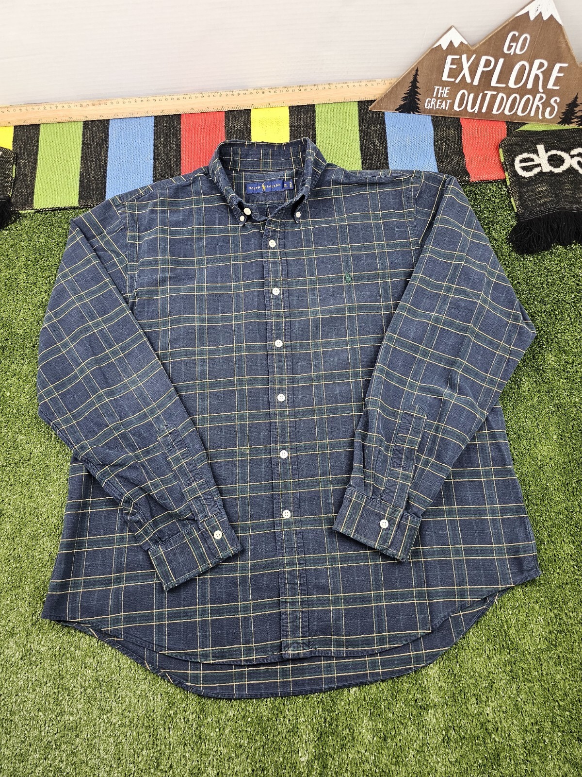 Ralph lauren camicia uomo abbottonata taglia XL blu navy plaid classico tessuto logo pony