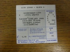 22/11/1988 Ticket: Birmingham City v Leeds United  (creasing, light folding). Co
