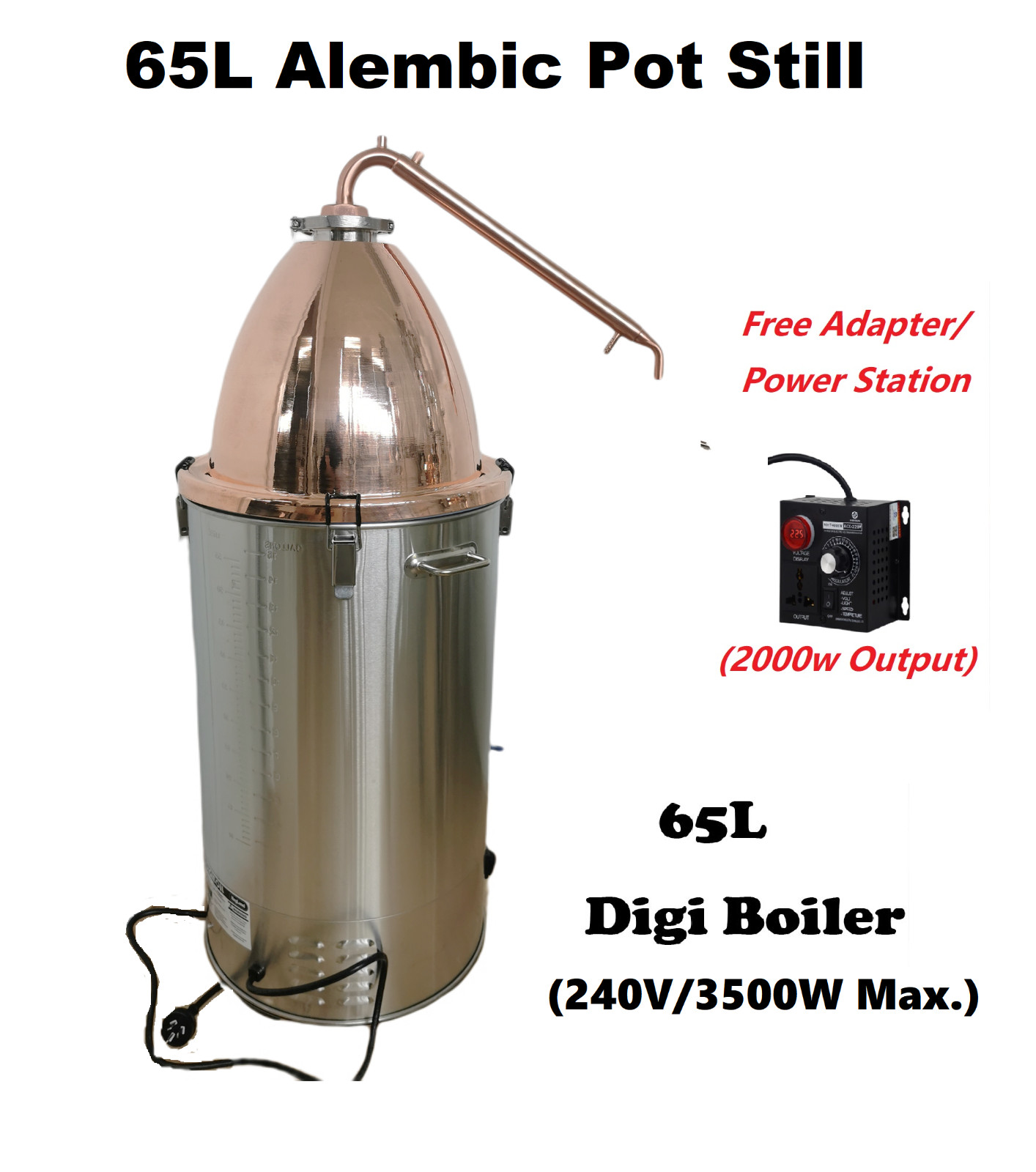 65L Alembic Copper Dome & Condensor Pot Still Kit Free power station Gin Whisky