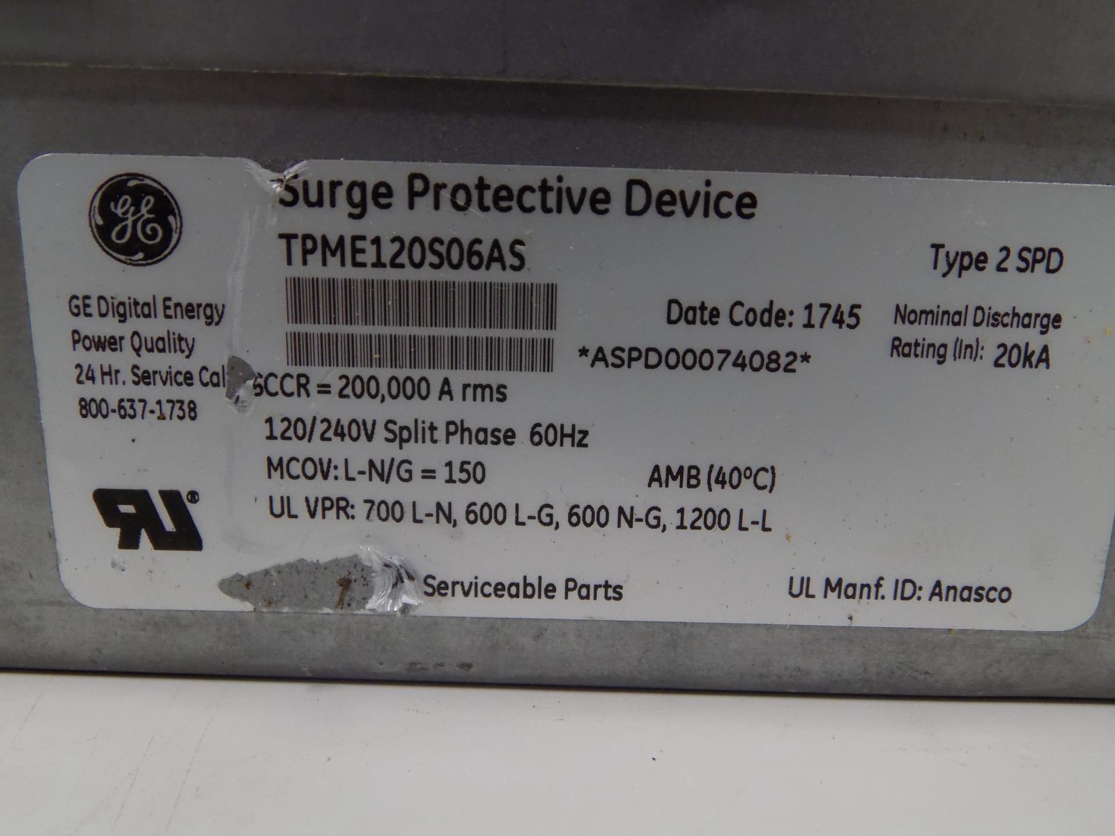 GE General Electric Tranquell Surge Protective Device TPME120S06AS Type