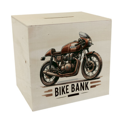 Cafe Racer Motorrad Spardose aus Holz mit Spruch Bike Bank
