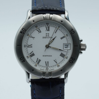 ZENITH ESPADA QUARZ HERREN UHR 36MM STAHL VINTAGE LEDER BAND RAR ARMBANDUHR 