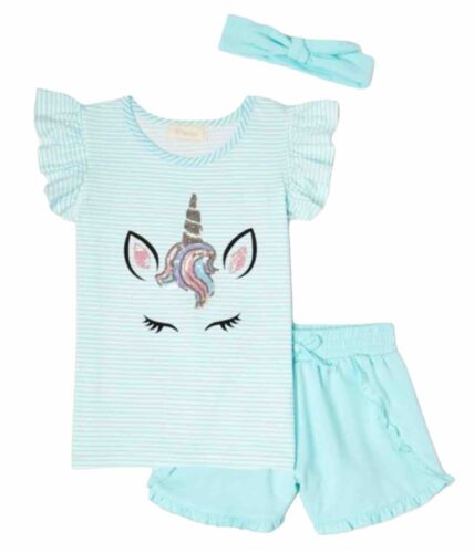 Btween Girls Pajamas Set Aqua 8 Sequins Unicorn Top And Shorts Ruffles 2 Pieces