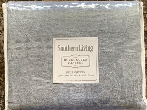 Southern Living Overton Gray Full Queen Linen Duvet Cover Mini Set Damask New - Picture 5 of 11