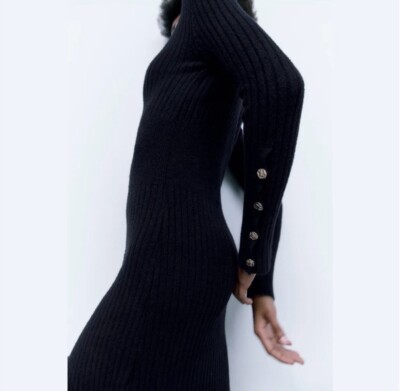 zara knit dress with gold buttons Zara Womens Black Gold Button Long Sleeve Knit Mini A Line Sweater Dress  Size S