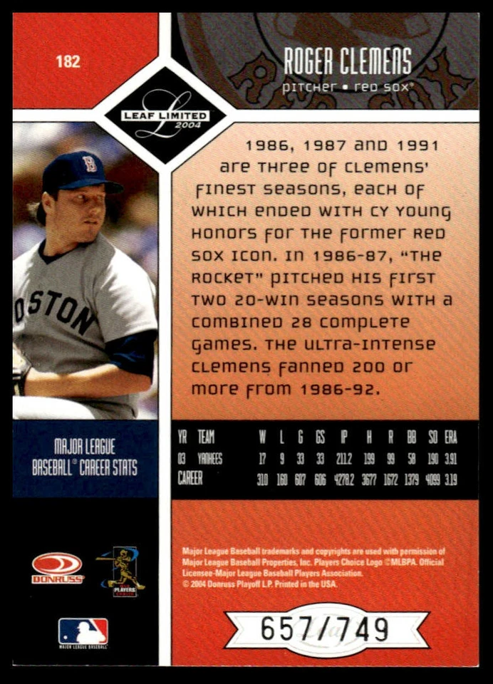 2004 Leaf Limited #182 Roger Clemens #/749 - Image 2 of 2