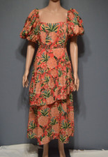 FARM Rio Sz Small Orange Pineapple Print Short Puff Sleeves Midi Dress