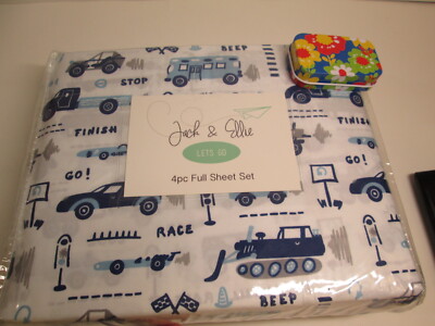  New Jack & Ellie LETS GO Transportation 3 pc Full Sheet Set  Navy Blue Grey NIP