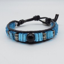 Blue Cube Glass Bead Wrap Bracelet Black Faux Leather Everyday Boho