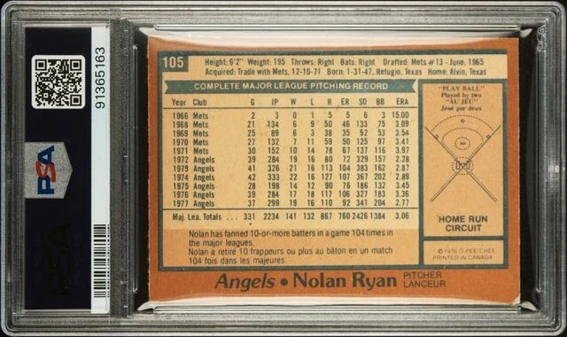 OPC PSA 4 NOLAN RYAN HOF 1978 O-PEE-CHEE 105 GRADED VG-EX CANADIAN TCG TPHLC-400 - Image 2 of 2