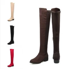 Womens Suede Leather Flat Over The Knee Thigh High Boots Pull On Casual Shoes SZ