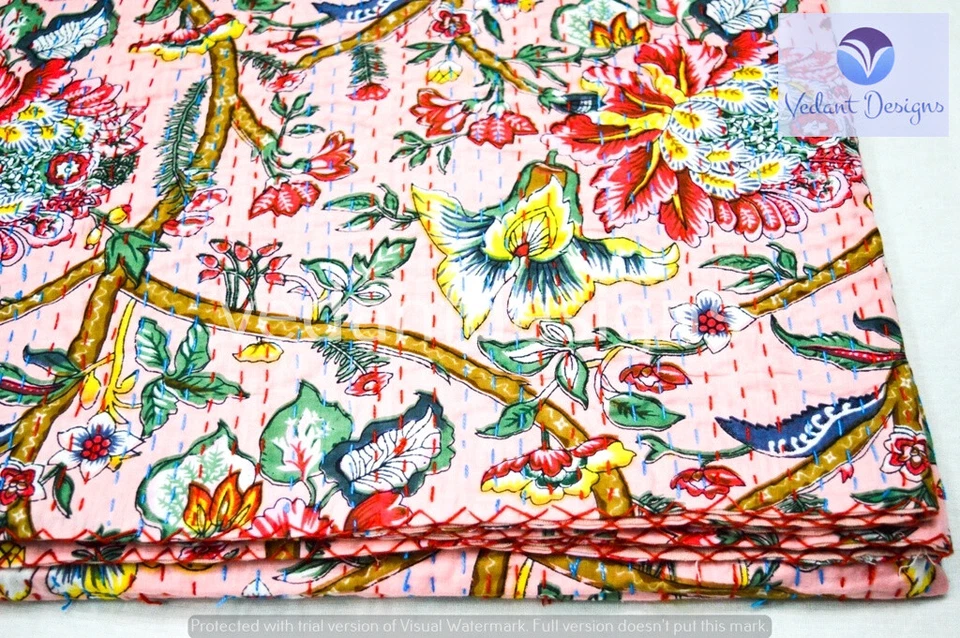 Edredón Kantha floral reversible indio rosa manta doble arte Foto 3 de 4