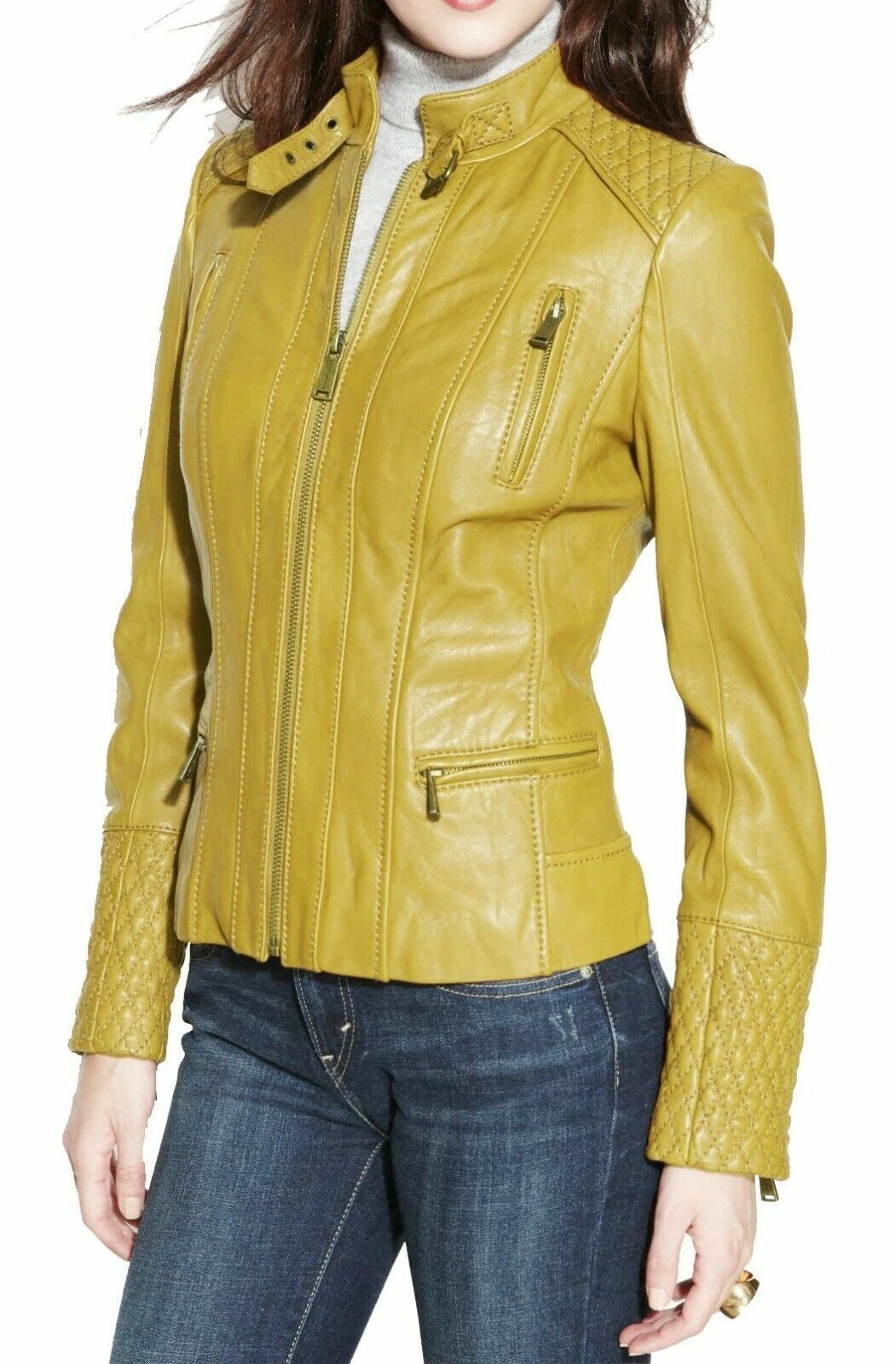 Womens Leather Jacket Slim Fit Genuine Lambskin Stylish Biker Jacket Yellow Coat