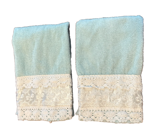 Vintage 19702 Avanti Turquoise Lace Bath Luxury 2 Piece FingerTowel - 第 1/8 張圖片