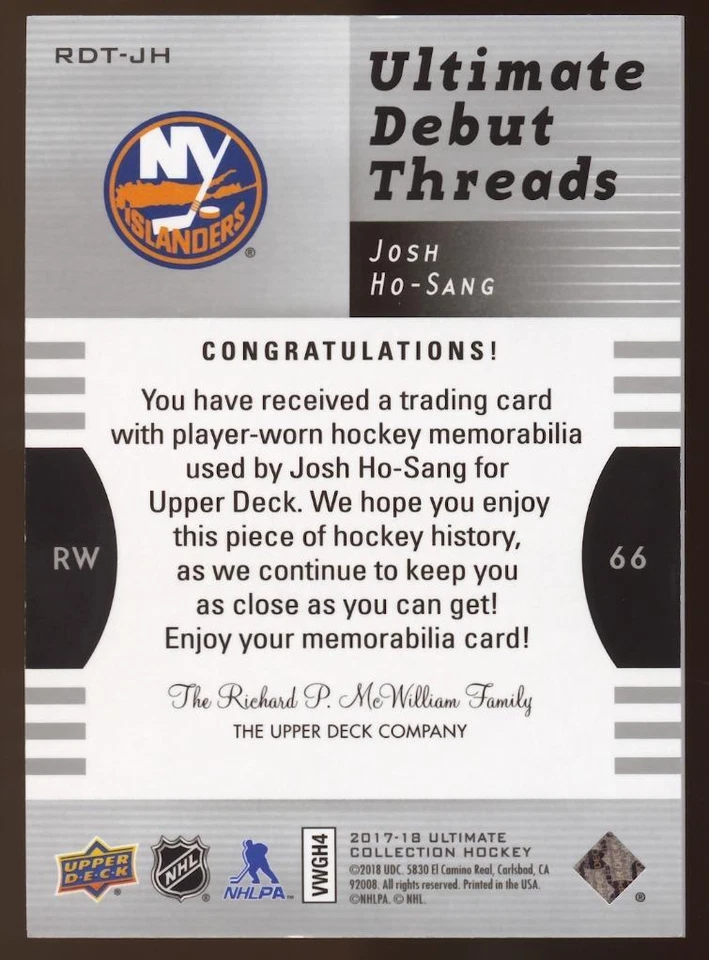 2017-18 Ultimate Collection '07-08 Retro Debut Josh Ho-Sang Jersey Relic 16/99 - Image 2 of 2