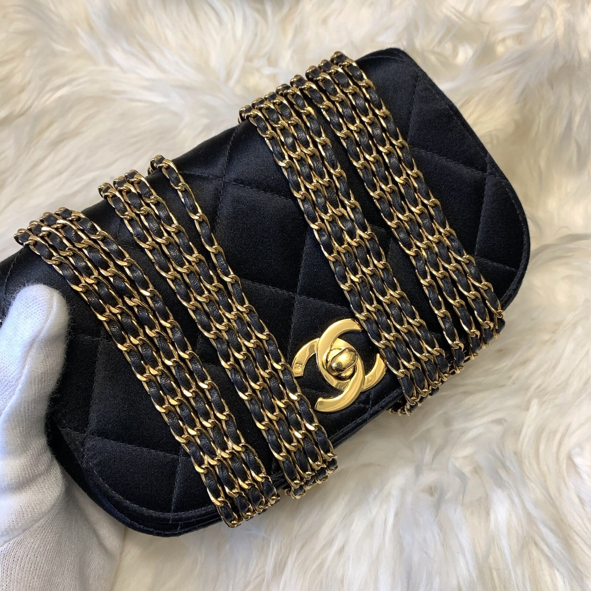 Chanel vintage 24k black gold multichain mini hand bag silk