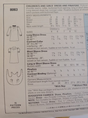 Dress Pinafore NO COLLAR Girls 7 McCalls 8083 McCall's Sewing Pattern No Collar - Picture 6 of 7
