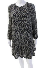 Ganni Women Shift Dress Black Long Sleeve Floral Viscose Knee Length Size 36