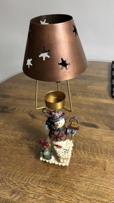 Vintage Winter Tea Candle Lamp with Metal Shade, Snowman, and Cardinal 