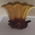 Yellow Brown Ceramic Vase Flared Design Glossy Finish Decorative Unmarked