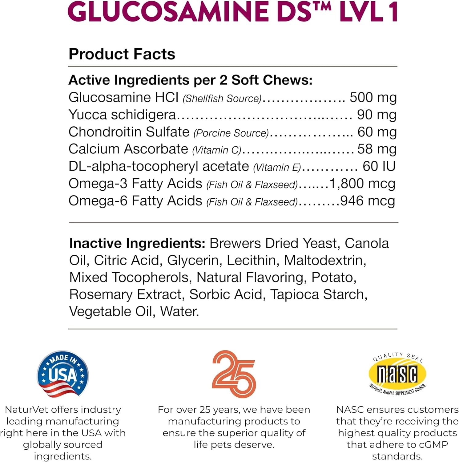 NaturVet Maintenance Joint Care Glucosamine DS Level 1 for Dogs 120 Soft Chews
