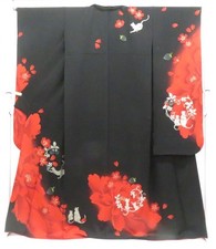 JAPANESE KIMONO FURISODE BLACK 171.5cm 5 ft 8 in PURE SILK FF989