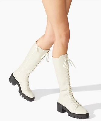 Stuart Weitzman SoHo Cream Leather Lace-Up Knee-High Boots Size 7B