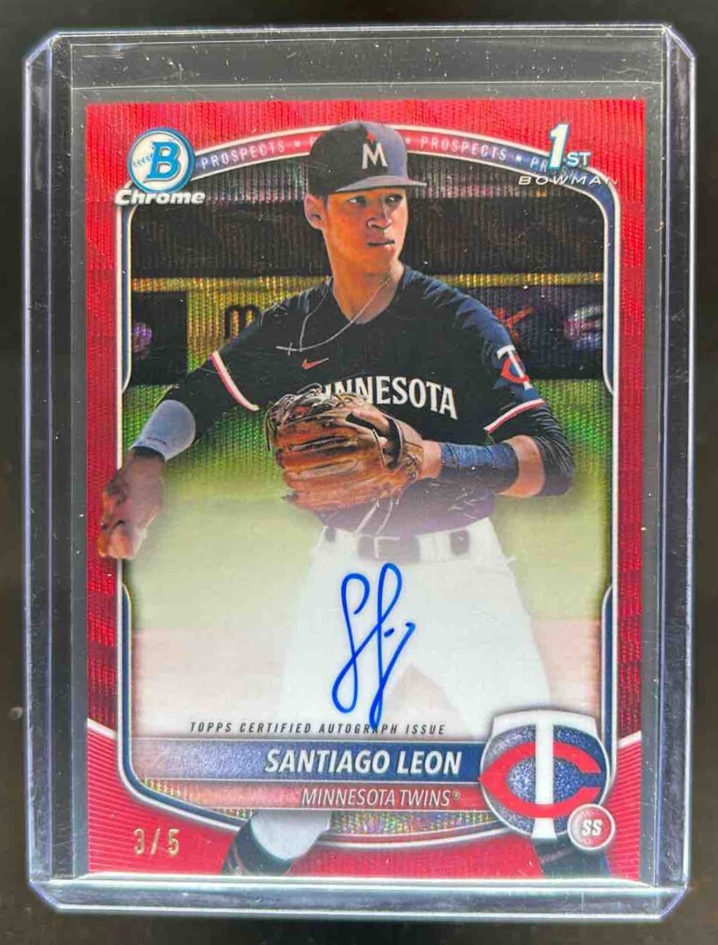 2025 Bowman Chrome Santiago Leon Auto Red Wave Refractor 1st Prospect #3/5 Twins