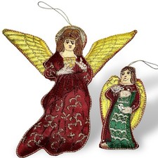 Coppia ANGELO RICAMATO ornamenti filo oro verde cremisi mamma bambino usati in ottime condizioni