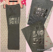 VS PINK VINTAGE Y2K WIDE LEG BOYFRIEND SWEATPANTS GRAY SILVER BLING HEARTS DOG M
