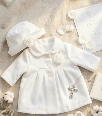 Baby Mantel Taufe Taufmantel Gr. 62 68 2-tlg Set  Hut zum Taufkleid 3-6M Ivory