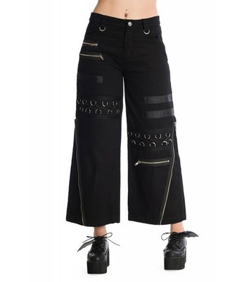 Banned Ember Trousers Black - Pantalones Negros Mujer con Cordones, Cremalleras