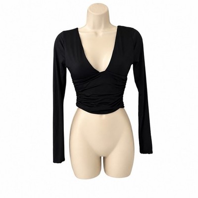 Windsor Black Ruched Crop Top Women s Small Long Sleeve Deep V Neck Stretch NWT