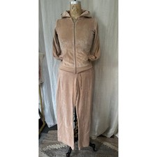 Juicy Couture Women's Beige Velour Tracksuit Set Hoodie  Flared Pant Size M