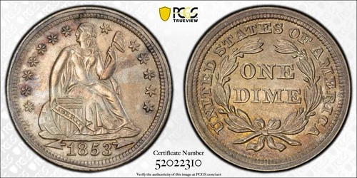 1853 Arrows Seated Liberty Dime, PCGS AU Detail,TrueView,True Auction,No Reserve