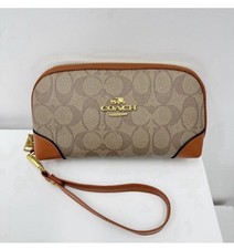 COACH Signature Logo Zip Wristlet with Wrist Strap Beige/Brown Gold Hardware