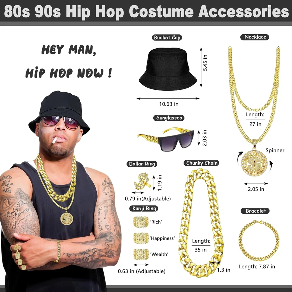 12 PIEZAS 80S 90S Accesorios Conjunto para Hombres Mujeres Hip Hop Rapero Disfraz Kit Antiguo Sc Foto 3 de 4