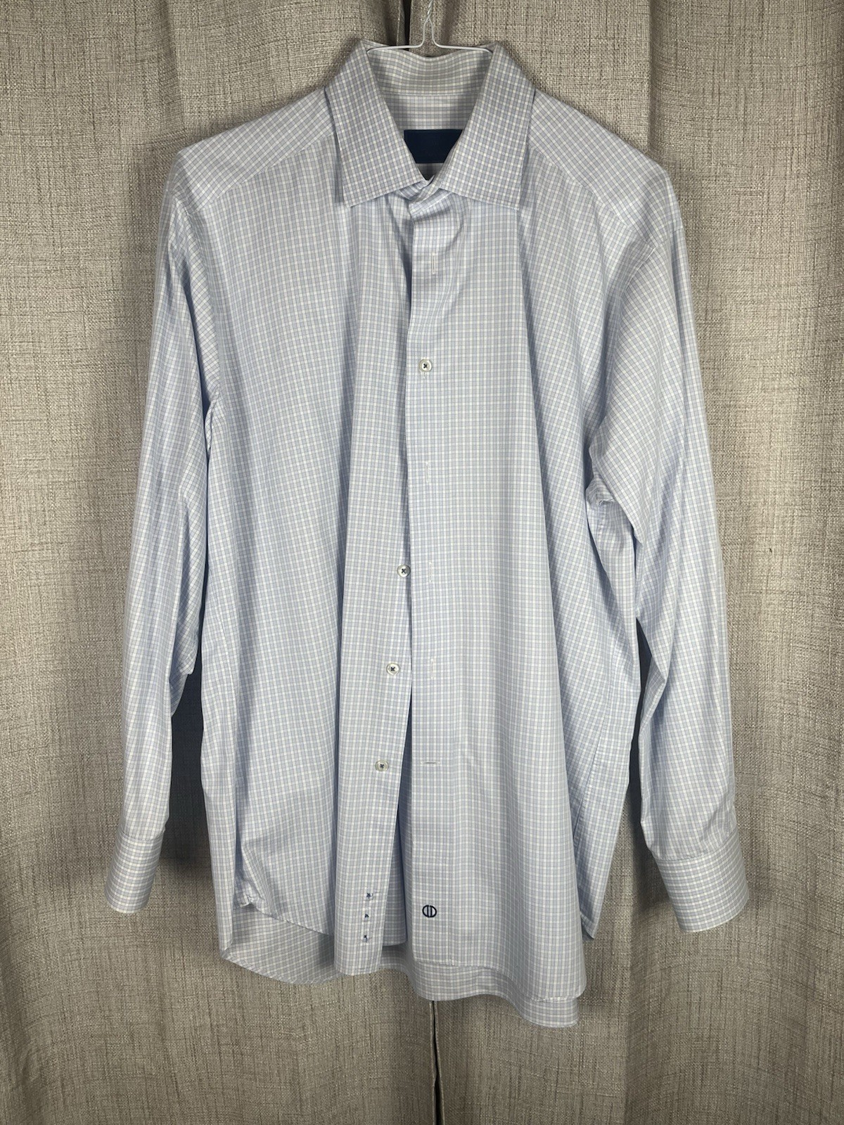 DAVID DONAHUE Dress Shirt Mens 17 - 34/35 Blue White Check Button Up Cotton EUC