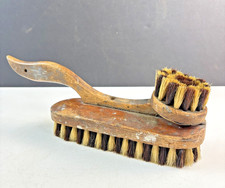 Antique Wood Shoe Shine Brush with Dual Brush Curved Handle 2 Tone Bristle