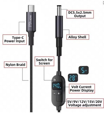 USB C PD Power Kabel 5V, 9V, 12V, 15V und 20V max. 120W USB PD-Trigger